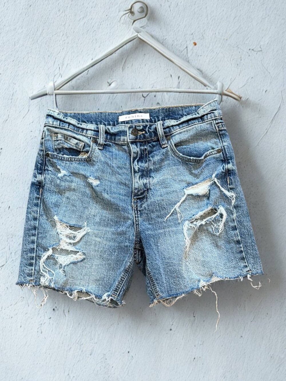 Eunina Kailey High Rise Biker Shorts Medium Wash Blue Denim Size S - Picture 2 of 10